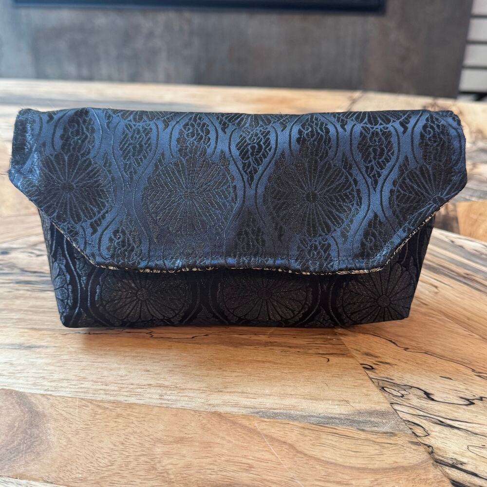 Biscuit Vintage Style Black Brocade Paisley Lining Evening Envelope Clutch Bag